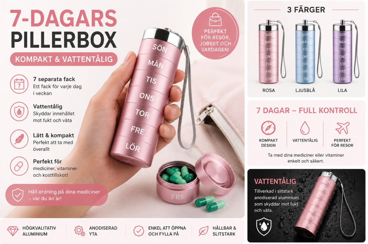 7-dagars Pillerbox i Aluminium – Kompakt & Vattentålig