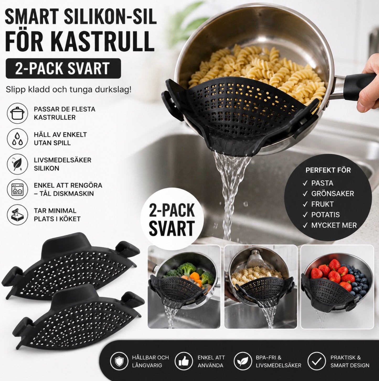 Smart Silikon-sil för Kastrull – 2-pack svart