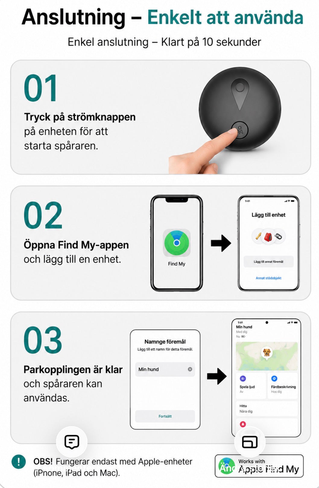 GPS-spårare för hund och katt – Kompatibel med Apple Hitta (Find My), IP68, ingen månadsavgift
