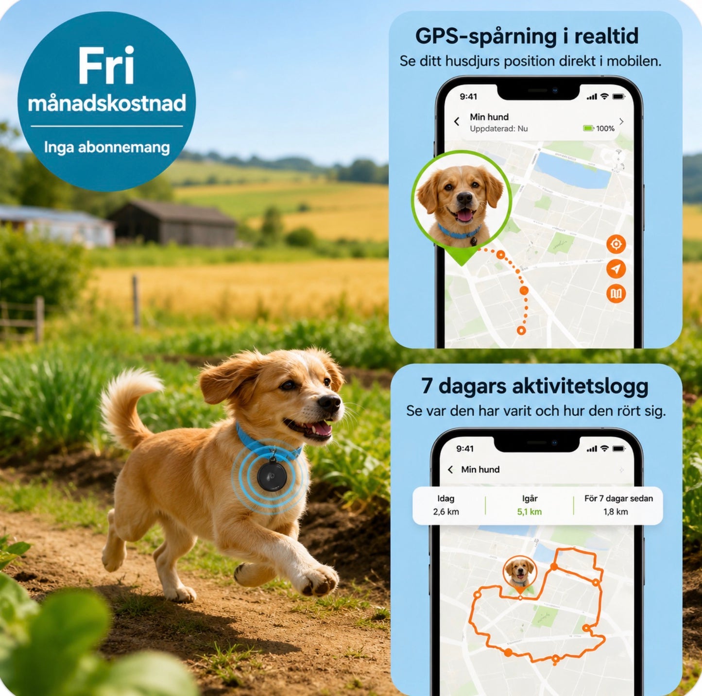 GPS-spårare för hund och katt – Kompatibel med Apple Hitta (Find My), IP68, ingen månadsavgift
